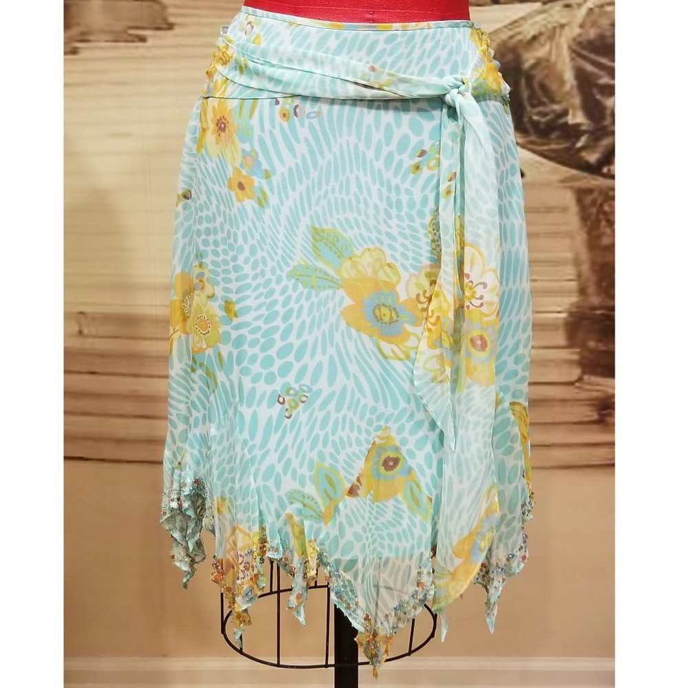 ECI NY beaded aqua/turquoise blue chiffon skirt 8